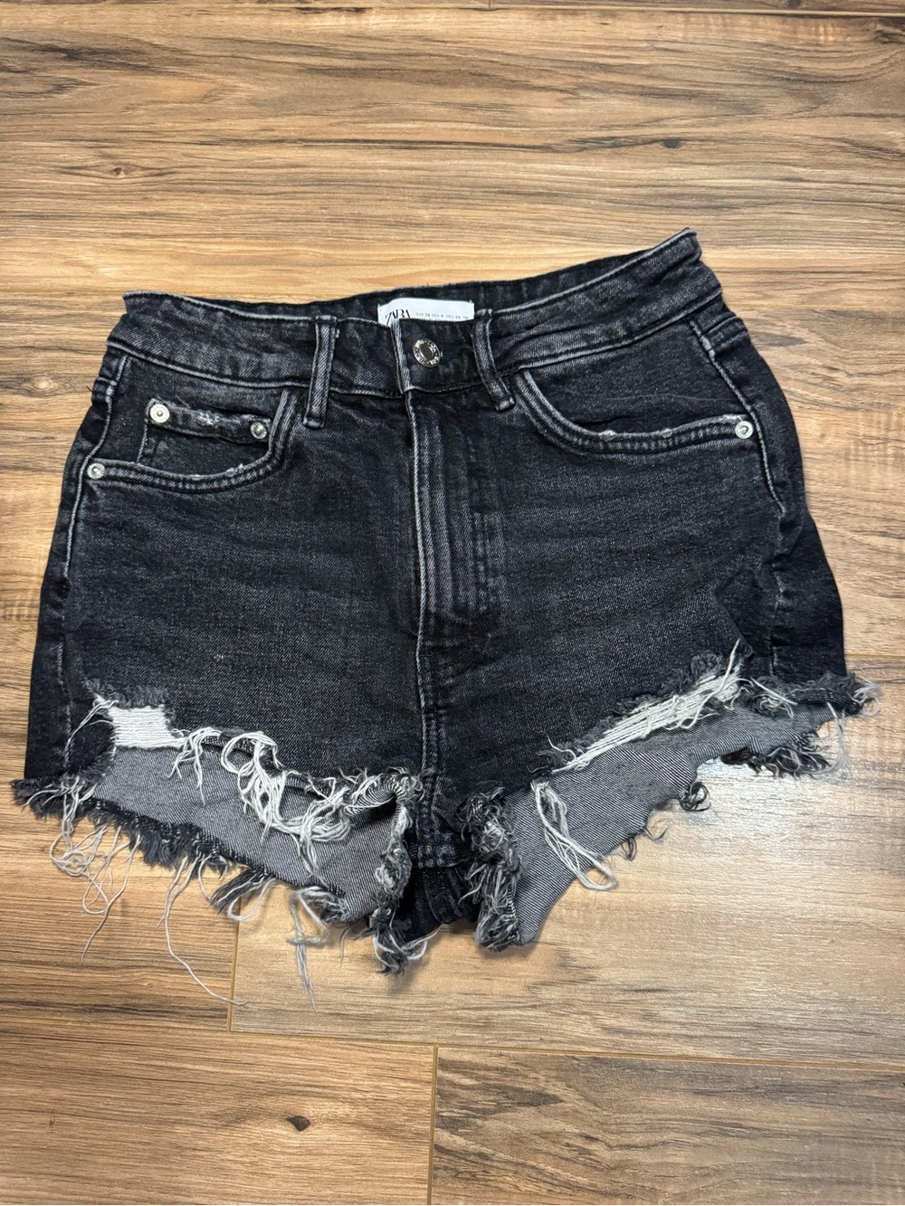 Zara Black Distressed High-Rise Denim Shorts
